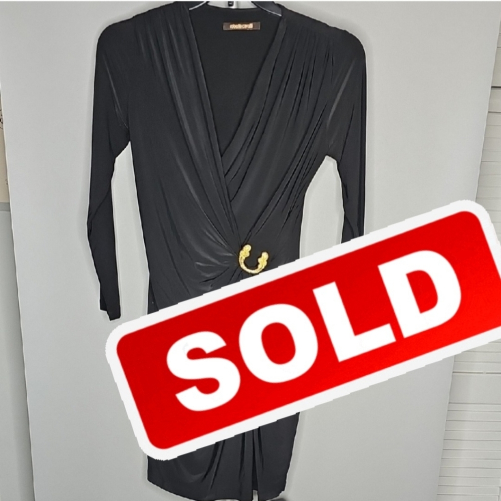 SOLD -ROBERTO CAVALLI Black and Gold Long Sleeve Sheath Dress - Picture 1 of 5